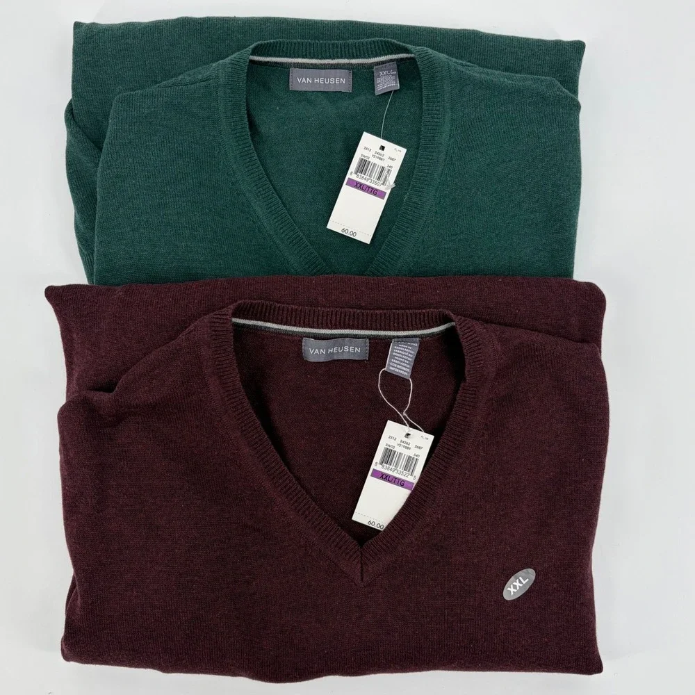 Van Heusen V-Neck Sweater Mens XXL 2 Pack Green Burgundy Cotton Blend NEW